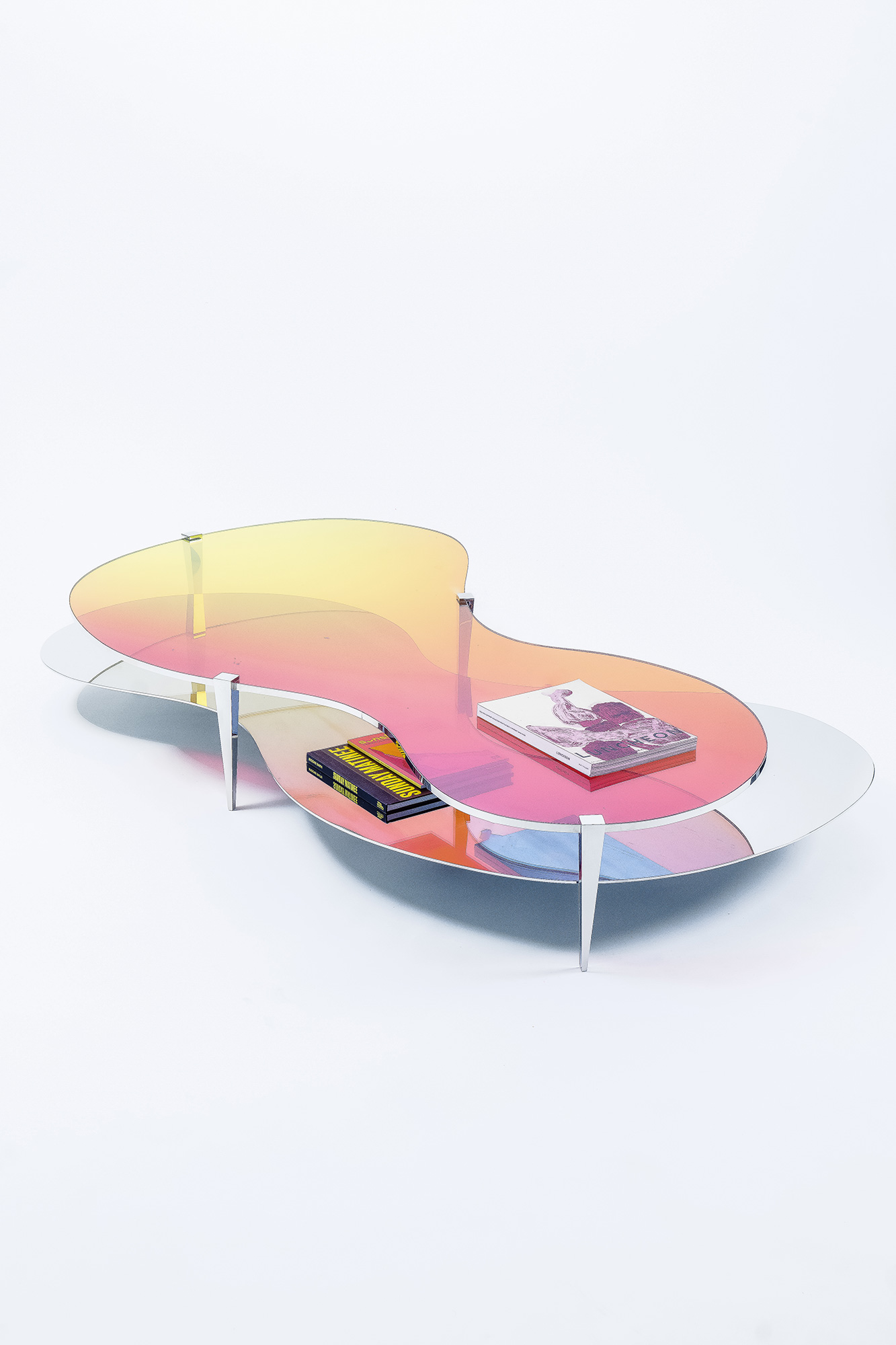 Low Table LT01 by ODA LIK – dichroic glass layers in orange and magenta hues